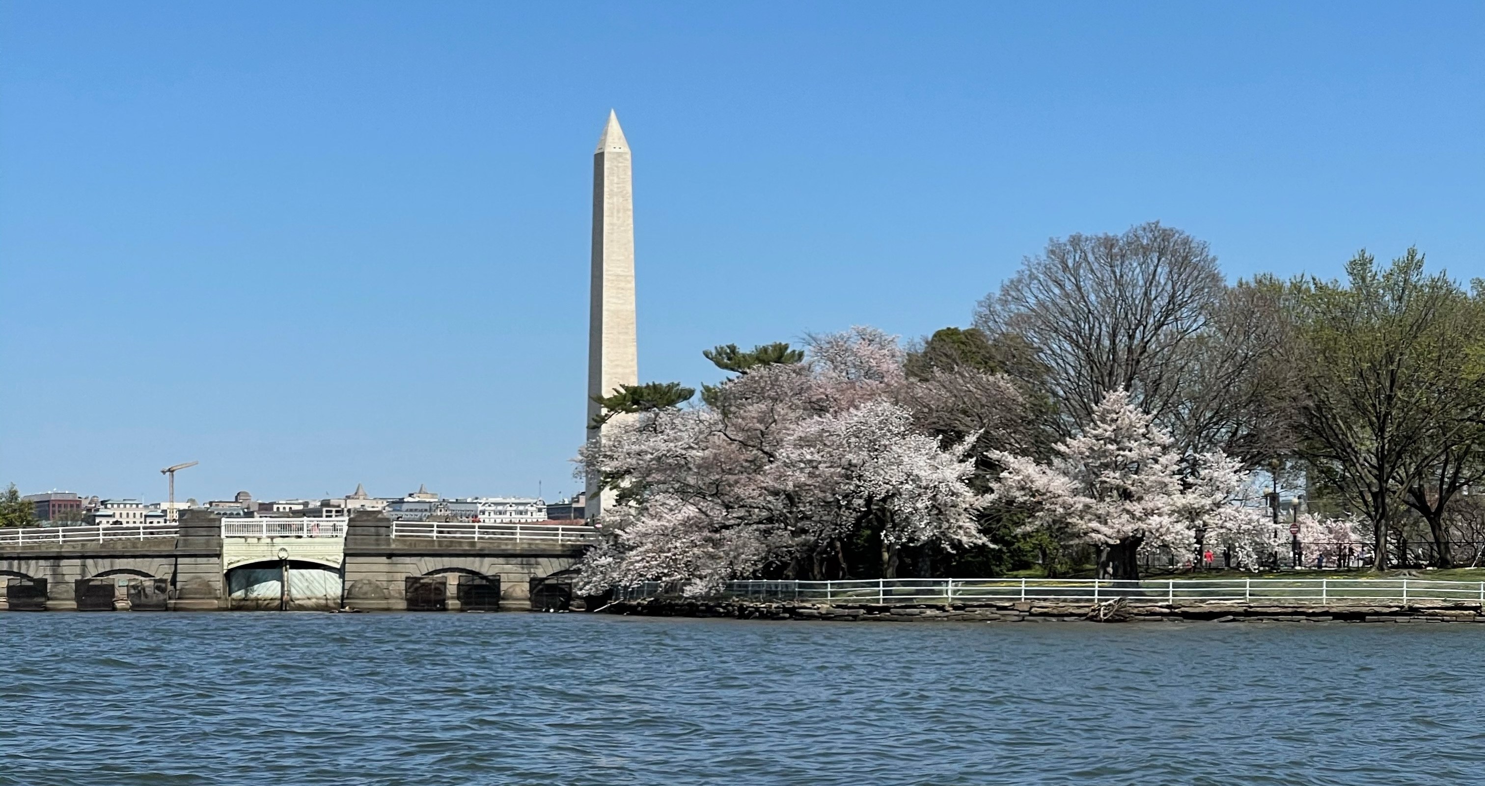 A Yachtsy boat cruising the Anacostia with the Washington Monument in the background
